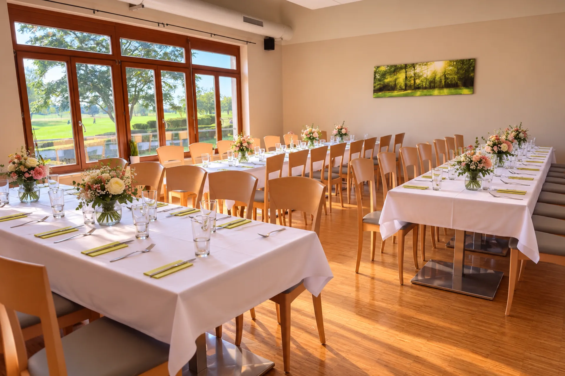 Ein langer Saal, hergerichtet für eine feierliche Veranstaltung, mit zwei Reihen von Tischen, die mit weißen Tischdecken gedeckt sind und jeweils mit Blumengestecken und Glasgeschirr geschmückt sind; die Tische stehen vor raumhohen Fenstern mit Blick auf einen Golfplatz.