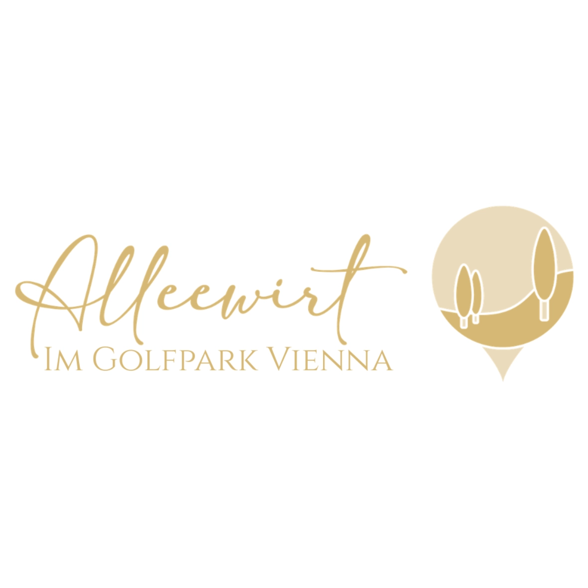Logo für den Alleewirt im Golfpark Wien mit einem kreisförmigen Symbol aus stilisierten Bäumen auf einem Hügel.