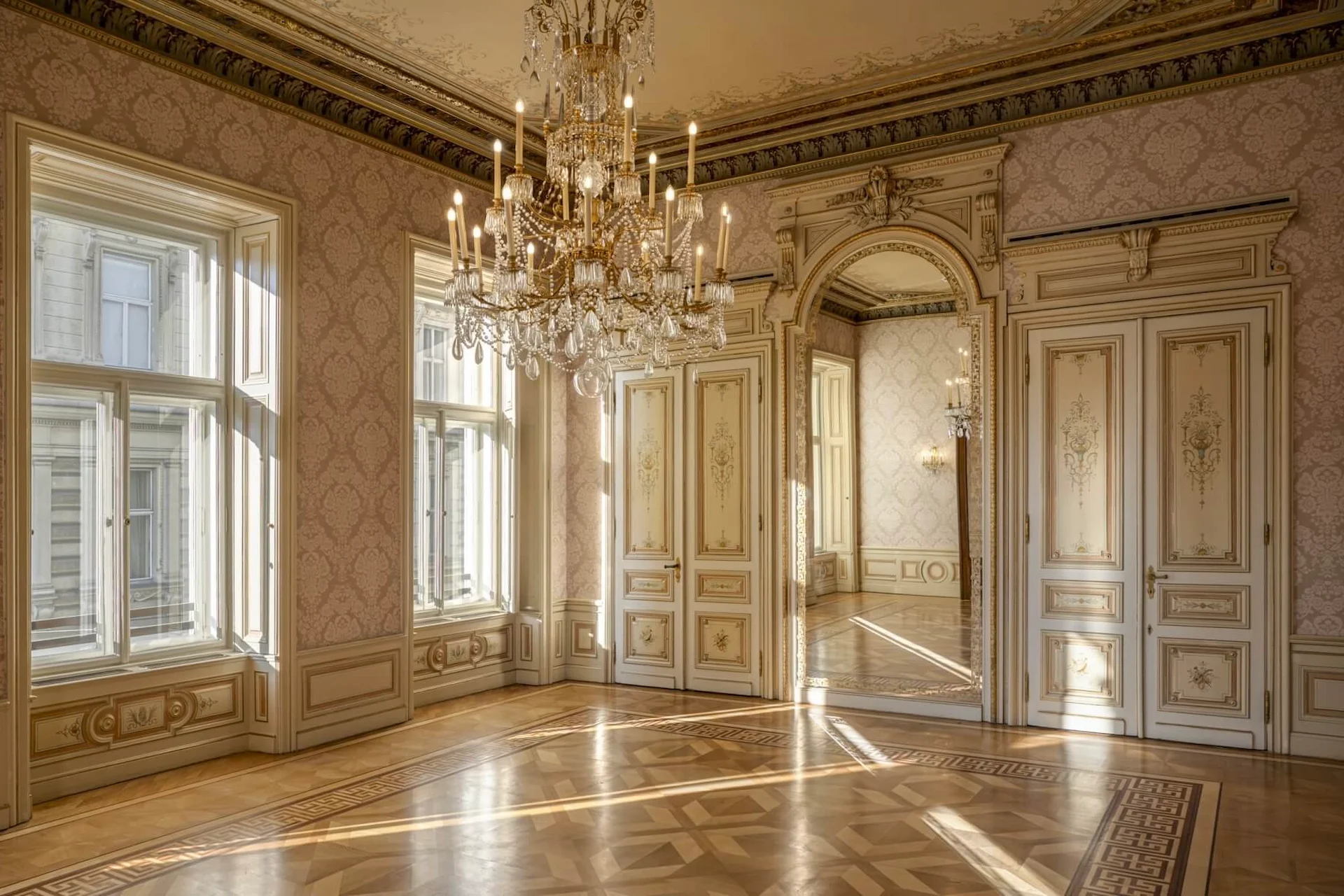 Verziertes, sonnendurchflutetes Zimmer mit großen Fenstern, kunstvollen Tapeten, eleganten Kronleuchtern und Flügeltüren, die zu einem anderen, ähnlich dekorierten Raum führen. Der Parkettboden weist detaillierte Muster auf und die Einrichtung ist klassisch und luxuriös.