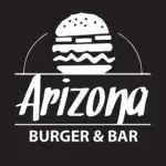 Logo für Arizona Burger & Bar mit einem stilisierten Burger über dem Wort Arizona in Schreibschrift und BURGER & BAR in fetten Großbuchstaben darunter, alles auf schwarzem Hintergrund.