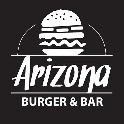 Logo für Arizona Burger & Bar mit einem stilisierten Burger über dem Wort Arizona in Schreibschrift und BURGER & BAR in fetten Großbuchstaben darunter, alles auf schwarzem Hintergrund.