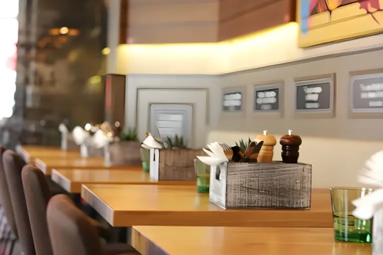 Eine Reihe von Holztischen in einem modernen Restaurant, jeder mit Servietten, Salz- und Pfefferstreuern und grünen Gläsern gedeckt. Die Sitzgelegenheiten und die Tischdekoration schaffen eine klare, einladende Atmosphäre.