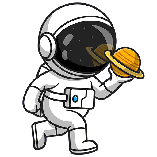 Cartoon-Astronaut, der einen kleinen gelben und orangefarbenen Ringplaneten in einer Hand hält; die Sterne spiegeln sich auf dem Visier des Weltraumhelms, als ob er zu einem kosmischen Spiel beim Millennium City Bowling antritt.