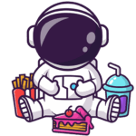 Ein Cartoon-Astronaut sitzt im Schneidersitz, umgeben von Pommes frites, einem blauen Getränk mit Strohhalm und einem Stück Kuchen mit rosa Zuckerguss und einer Kirsche obenauf. Das Visier des Astronauten ist groß und glänzend.