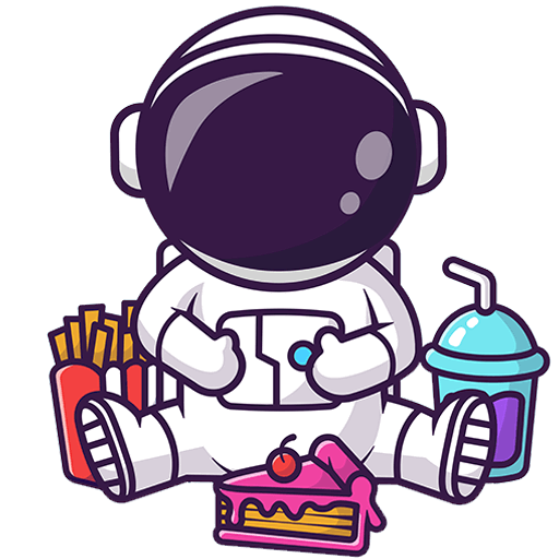 Ein Cartoon-Astronaut sitzt mit Pommes frites, einem Getränk und einem Stück Kuchen mit einer Kirsche vor ihnen beim Millennium City Bowling und scheint bereit, die Leckereien zu genießen.