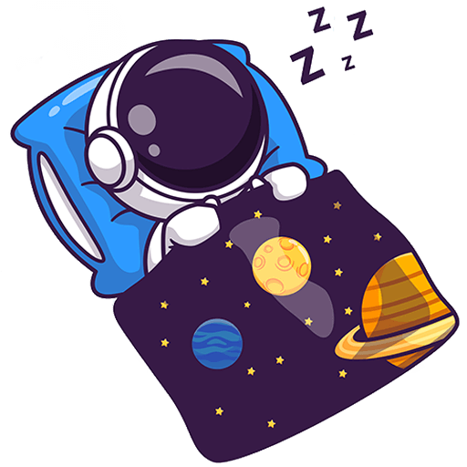 Ein Cartoon-Astronaut schläft auf einem blauen Kissen, zugedeckt mit einer Decke, die mit Planeten und Sternen verziert ist. Friedlich träumend stellen sie sich vor, wie schön es wäre, Geburtstag in Wien zu feiern - selbst im Weltraum ist die Feierstimmung lebendig!.