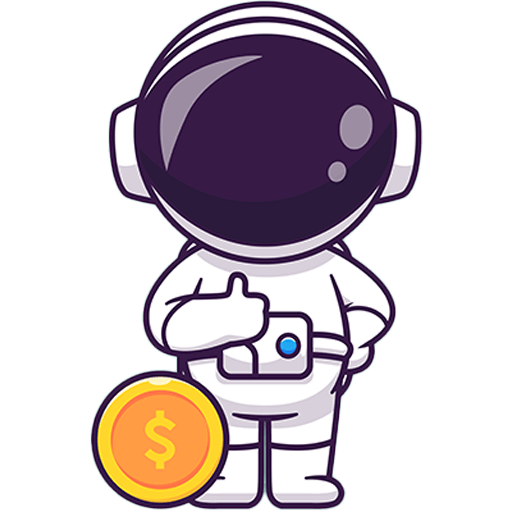 Cartoon-Astronaut in einem weißen Anzug, der den Daumen nach oben zeigt und neben einer großen Goldmünze mit einem Dollarzeichen steht - perfekt, um jede Kindergeburtstagsfeier in Wien mit kosmischem Spaß zu bereichern.