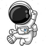 Ein niedlicher Cartoon-Astronaut in einem weißen Raumanzug, schwarzem Visier und Rucksack, der einen Arm hebt und fröhlich vor einem schlichten Hintergrund herumspringt.