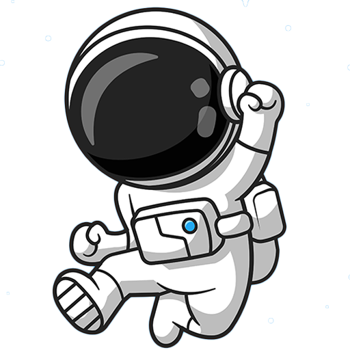 Ein niedlicher Cartoon-Astronaut in einem weißen Raumanzug, schwarzem Visier und Rucksack, der einen Arm hebt und fröhlich vor einem schlichten Hintergrund herumspringt.