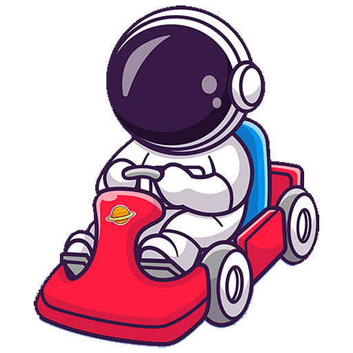 Cartoon-Astronaut mit weißem Raumanzug und Helm, der ein kleines, rotes Go-Kart mit blauen Sitzen fährt - perfekt für Geburtstag feiern Wien. Auf der Vorderseite des Gokarts befindet sich ein gelbes Planetenemblem.
