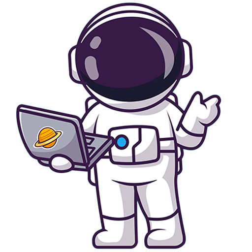 Cartoon-Astronaut, der einen Laptop mit einem Planetenaufkleber in der Hand hält, stehend und mit einer Hand gestikulierend, in einem weißen Raumanzug und einem großen dunklen Visierhelm - perfekt für Kindergeburtstag Wien mit Weltraumthema.