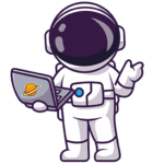 Cartoon-Astronaut mit Raumanzug und Helm, der einen geöffneten Laptop mit einem Planetenaufkleber in der Hand hält und eine Hand hebt, als würde er etwas erklären oder präsentieren.