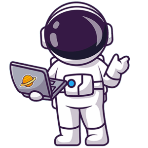 Cartoon-Astronaut mit Raumanzug und Helm, der einen geöffneten Laptop mit einem Planetenaufkleber in der Hand hält und eine Hand hebt, als würde er etwas erklären oder präsentieren.