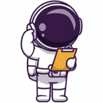 Cartoon-Astronaut in einem weißen Raumanzug, der ein Klemmbrett in der Hand hält und eine Hand an seinen Helm hält, als ob er nachdenkt oder zuhört.