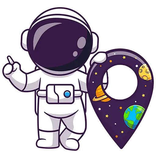 Ein Cartoon-Astronaut winkt neben einer Anstecknadel mit Weltraummotiven, die mit Abbildungen der Erde, des Saturns und des Mondes auf weißem Hintergrund verziert ist.