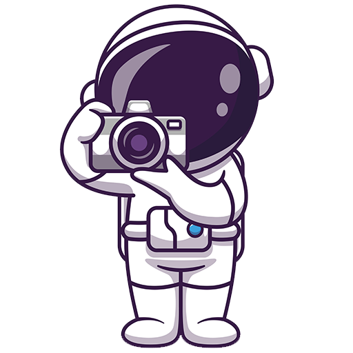 Cartoon-Astronaut in einem Raumanzug, der eine Kamera hochhält und ein Foto macht, mit einem großen, glänzenden Helm und einem einfachen, niedlichen Design - perfekt für Einladungen zu Ihrer Geburtstagsfeier Location.