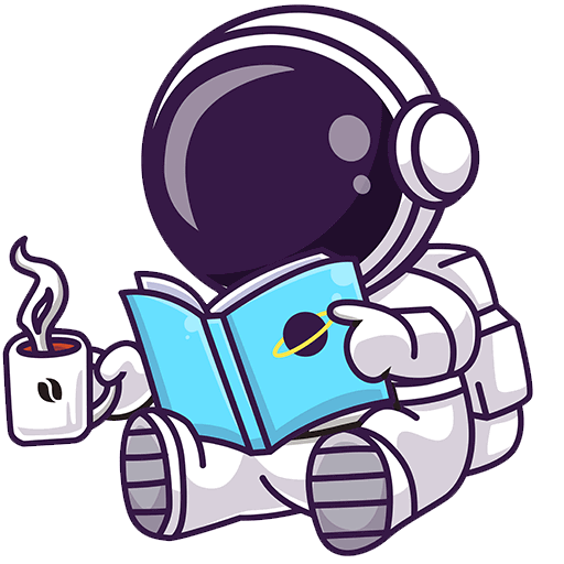 Ein niedlicher Cartoon-Astronaut sitzt und liest in einem blauen Buch mit einem Planeten auf dem Cover und hält eine dampfende Tasse mit einem Kaffeebohnen-Logo in der Hand - und träumt von dem perfekten Ort zum Partylocation mieten zwischen den Sternen.