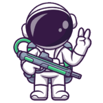 Cartoon-Astronaut in einem weißen Raumanzug, der eine grüne und graue Strahlenkanone hält und mit einer Hand ein Friedenszeichen gibt. Das Helmvisier ist dunkel und reflektierend.