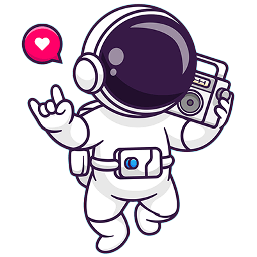 Ein niedlicher Cartoon-Astronaut in einer Partylocation in Wien, der in der einen Hand eine Boombox hält und mit der anderen ein "Rock on Hand"-Zeichen macht, während in der Nähe eine rosa Herz-Sprechblase schwebt.