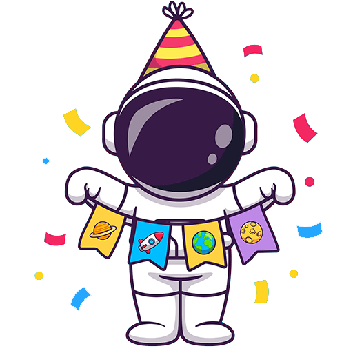 Ein Cartoon-Astronaut mit einem gestreiften Partyhut hält ein festliches Banner mit Bildern von einem Planeten, einer Rakete, der Erde und dem Mond. Buntes Konfetti fällt - die perfekte Inspiration, wenn Sie eine Partylocation für Ihre nächste außerirdische Feier mieten möchten!.