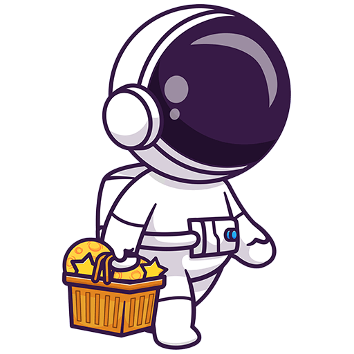 Cartoon-Astronaut, der einen Korb mit Käse und sternförmigen Gegenständen hält und nach rechts geht. Mit dem glänzenden Helm und dem verspielten Design sieht es so aus, als wären sie bereit, Geburtstag feiern Wien zwischen den Sternen!.