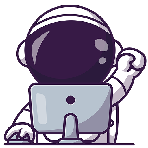 Cartoon-Astronaut im Raumanzug sitzt an einem Computer und hebt feierlich die Faust, als würde er an einer Geburtstagsfeier teilnehmen. Von hinten betrachtet, reflektiert ihr Helm das Leuchten des Monitors.