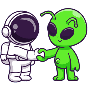 Ein Cartoon-Astronaut und ein grüner Außerirdischer mit Fühlern schütteln sich lächelnd die Hände und stehen nebeneinander auf einem weißen Hintergrund - die perfekte Inspiration für kreative Ideen für Firmenevents, die darauf abzielen, Teams auf unterhaltsame, fantasievolle Weise zusammenzubringen.