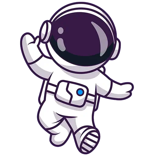 Cartoon-Illustration eines Astronauten in einem weißen Raumanzug, mit dunklem Visier und einem kleinen blauen Knopf, der mit einer Hand winkt. Dieses verspielte Design fügt einen Hauch von Centimeter Wien-Charme hinzu, da die Figur dem Betrachter abgewandt ist.