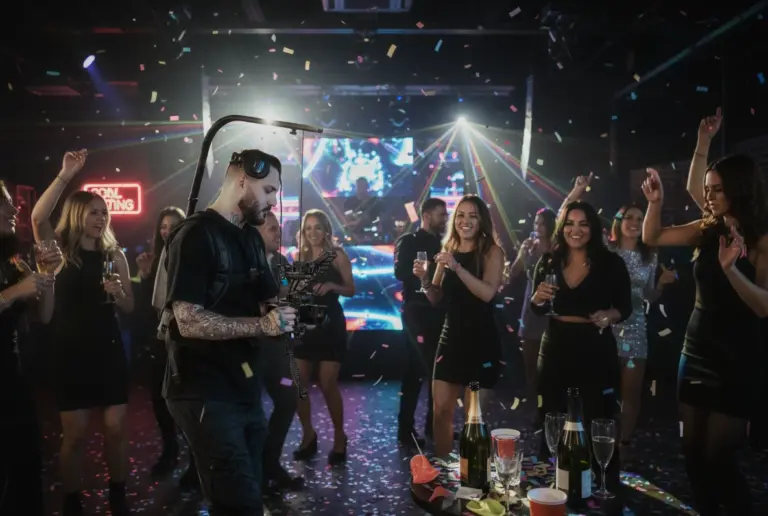 Ein Blackshaper-Kameramann filmt eine lebhafte Partyszene in einem Nachtclub, umgeben von Menschen in stilvollen Outfits, die unter bunten Lichtern und fallendem Konfetti tanzen. Auf einem Tisch in der Nähe sind Flaschen und Getränke zu sehen.