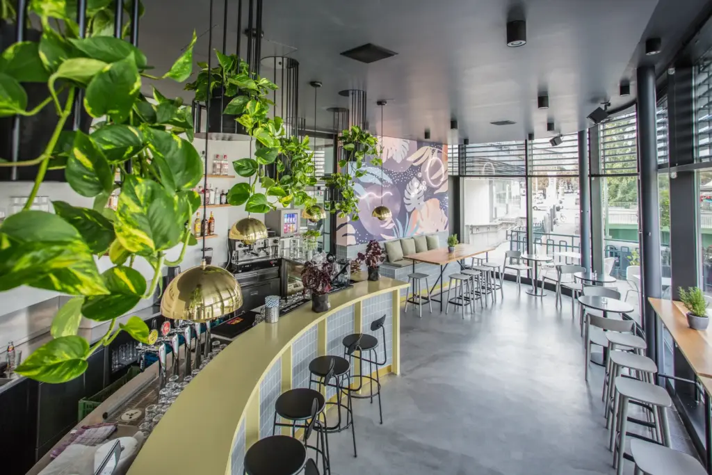 KLYO Modernes Café-Interieur mit einer geschwungenen Bar, schwarzen Hockern, hängendem Grün, goldenen Lampen und großen Fenstern, die natürliches Licht hereinlassen. An der Rückwand befindet sich ein Wandgemälde und entlang der Fenster stehen hohe Tische mit Hockern.