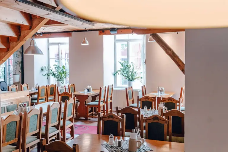 Ein gemütliches, sonnendurchflutetes Restaurant mit Holzbalken, mehreren Holztischen und -stühlen, grünen Kissen, Topfpflanzen an den Fenstern und ordentlich gedeckten Tischen mit Besteck und Gewürzen.