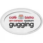 Ein ovales Schild mit den Worten café bistro am campus museum gugging in schwarzer und roter Schrift, mit einer Kaffeetassenillustration in der Mitte über dem Text.