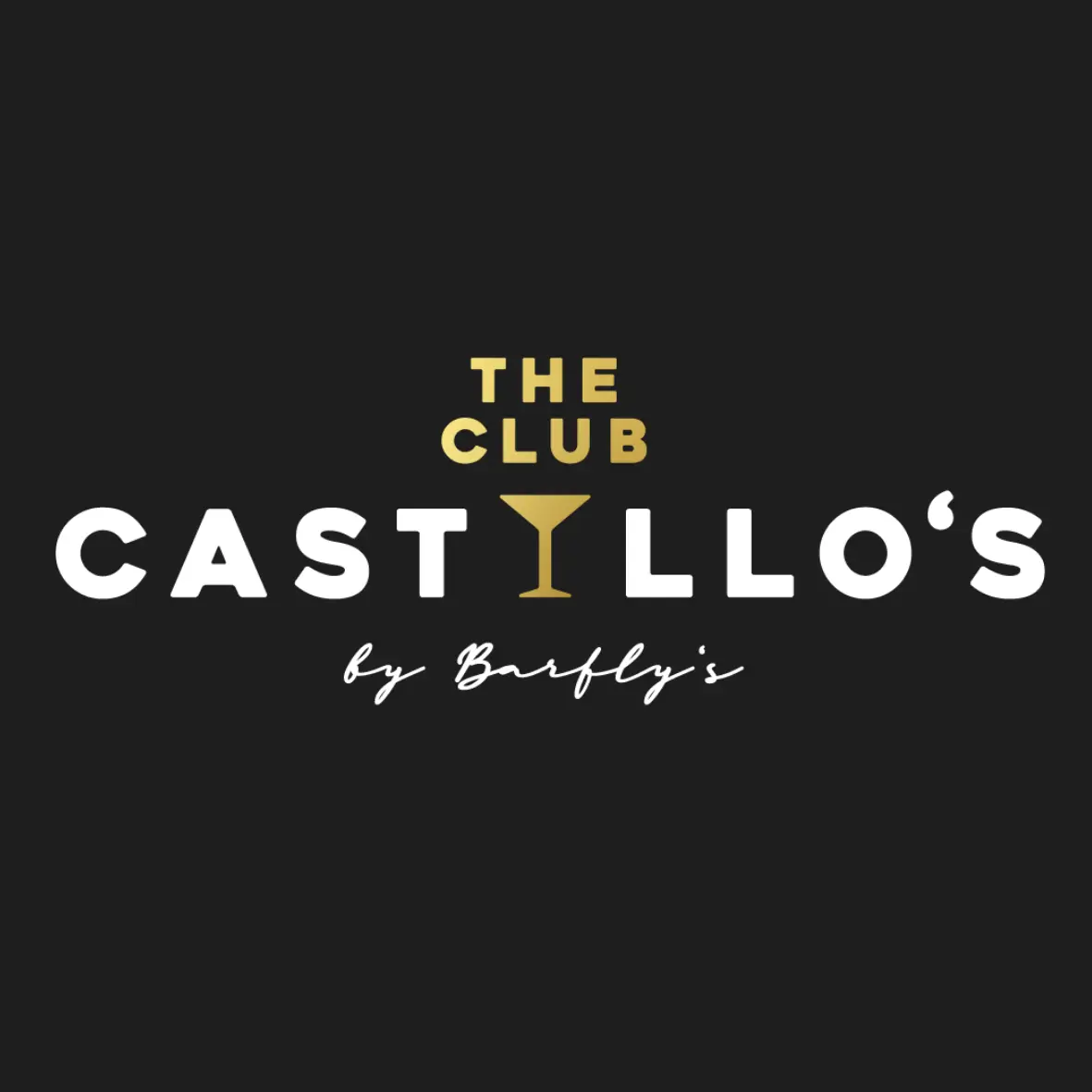 Logo für The Club Castillos von Barflys auf schwarzem Hintergrund. Das I in Castillos ist als goldenes Cocktailglas gestaltet.