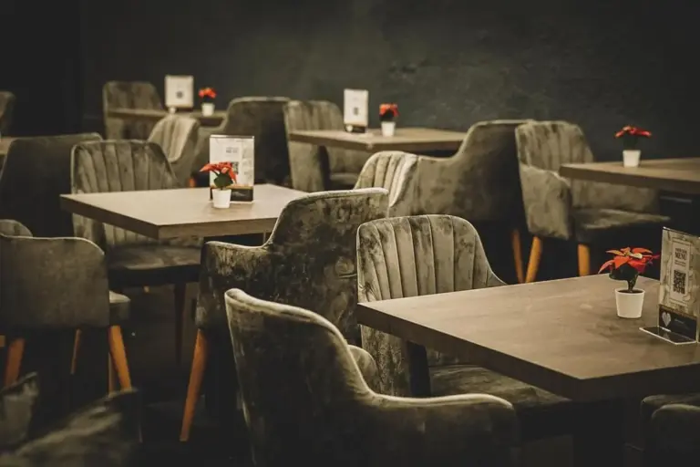 Ein modernes, leeres Restaurant mit grauen Samtstühlen, Holztischen und kleinen roten Topfpflanzen als Mittelpunkt auf jedem Tisch. Die Beleuchtung ist gedämpft und schafft eine gemütliche Atmosphäre.