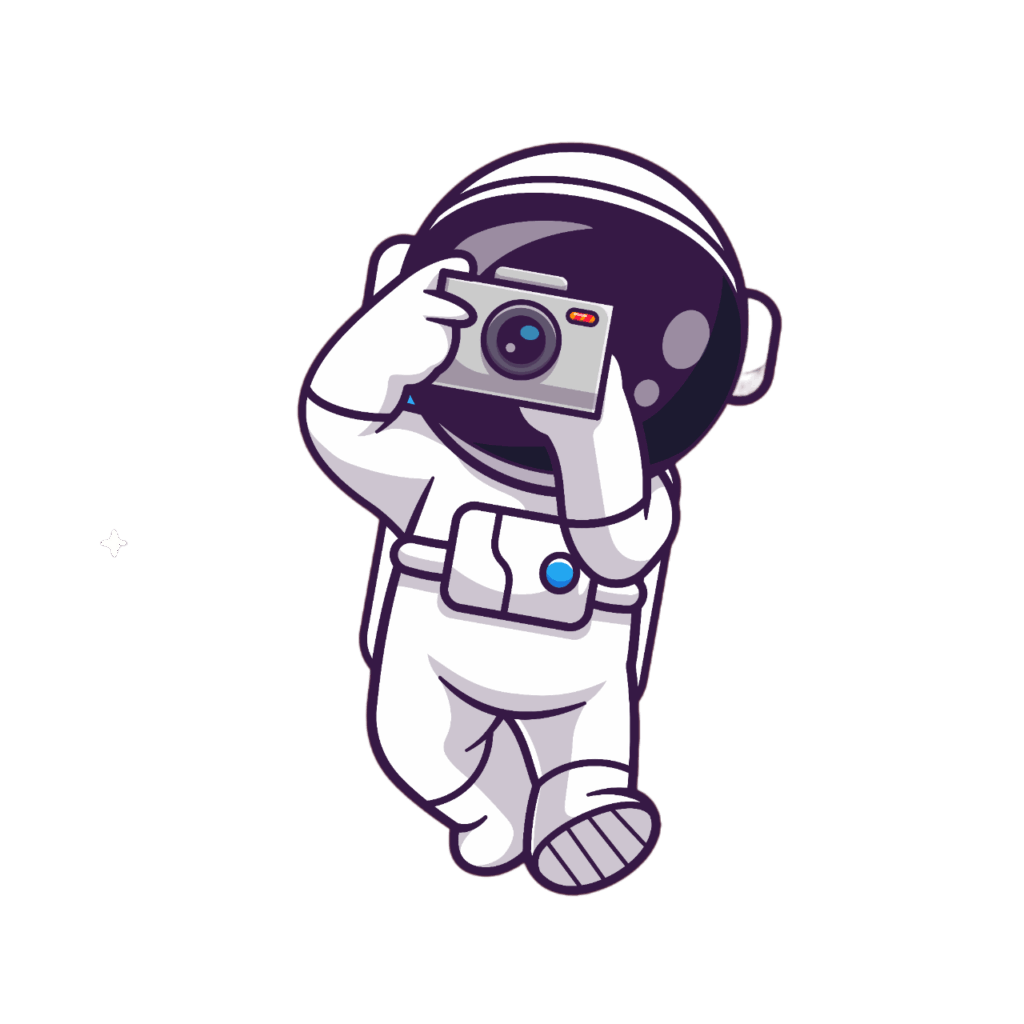 Ein Cartoon-Astronaut in einem weißen Raumanzug schwebt im Weltraum und hält eine Kamera an seinen Helm, als würde er ein Foto machen - wie ein Fotograf für Hochzeit, der Momente außerhalb der Welt festhält. Der Hintergrund ist schlicht weiß.