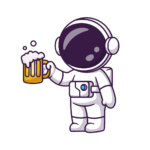 Ein Cartoon-Astronaut in einem Raumanzug hält einen schäumenden Bierkrug hoch, stehend und nach vorne blickend vor einem schlichten weißen Hintergrund.