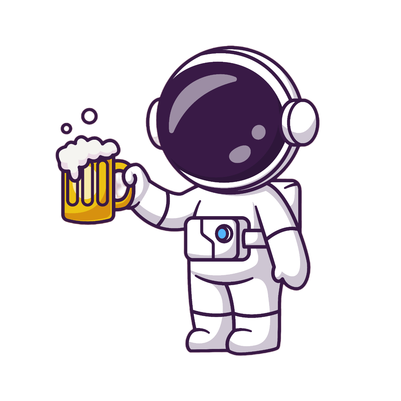 Ein Cartoon-Astronaut in einem Raumanzug hält einen schäumenden Bierkrug hoch, stehend und nach vorne blickend vor einem schlichten weißen Hintergrund.