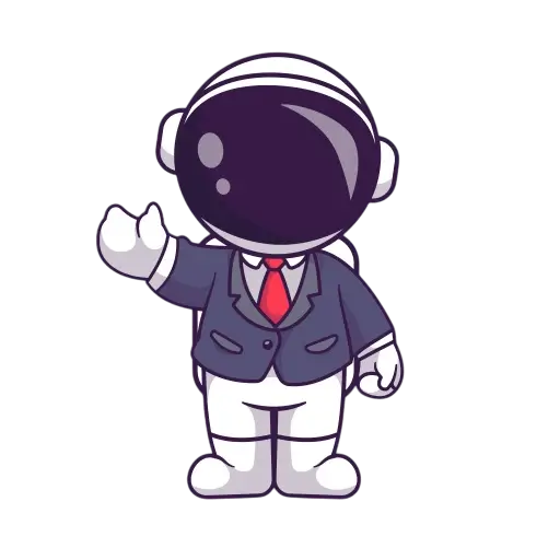 Cartoon-Astronaut im dunklen Anzug, roter Krawatte und Helm, stehend und mit einer Hand winkend - bereit, außergewöhnliche Restaurants Wien im Weltraumstil zu erkunden.