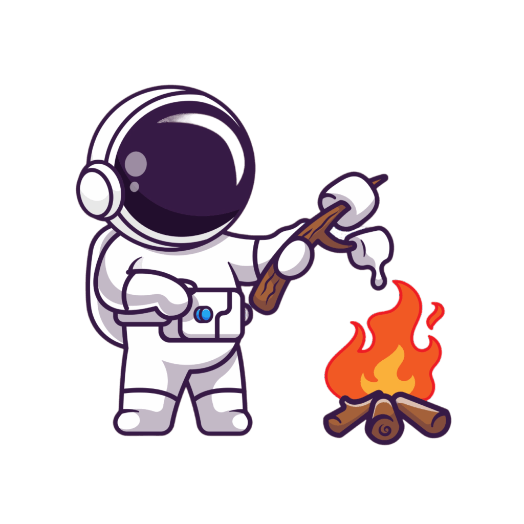 Cartoon-Astronaut im Raumanzug, der ein Marshmallow über einem Lagerfeuer mit Holzscheiten röstet, mit einer Kamera in der Hand, beim Grillen unter dem Sternenhimmel.