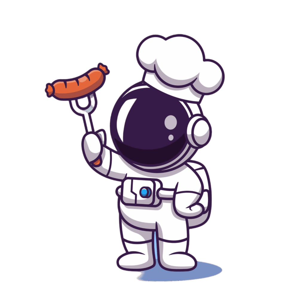 Ein Cartoon-Astronaut mit Kochmütze hält eine Wurst auf einer Gabel, bereit zum Grillen, vor einem weißen Hintergrund.