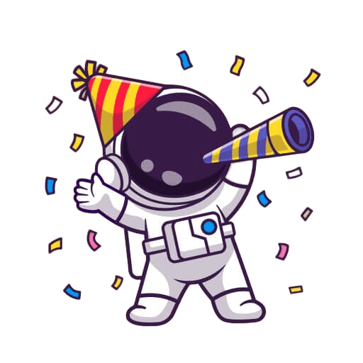 Ein Cartoon-Astronaut, der einen gestreiften Partyhut trägt und ein Partyhorn bläst, umgeben von buntem Konfetti, macht sich bereit für die Silvesterfeier im Weltraum.