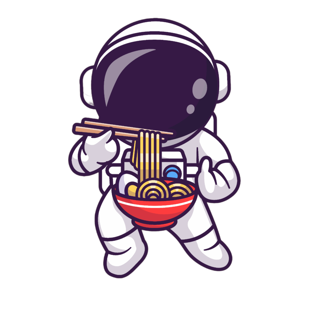 Ein Cartoon-Astronaut in einem weißen Raumanzug genießt Asiatisch essen Wien und isst Nudeln aus einer roten Schüssel mit Stäbchen, vor einem schlichten weißen Hintergrund.