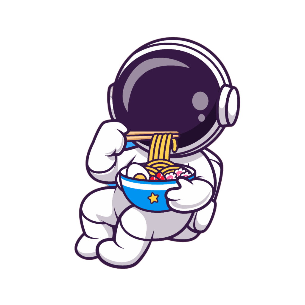 Ein Cartoon-Astronaut in einem weißen Anzug sitzt und genießt Asiatisch essen Wien und schlürft Nudeln aus einer blauen Schüssel mit einem gelben Stern. Die Schüssel ist mit Ramen, Eiern und Gemüse gefüllt und steht vor einem schlichten weißen Hintergrund.