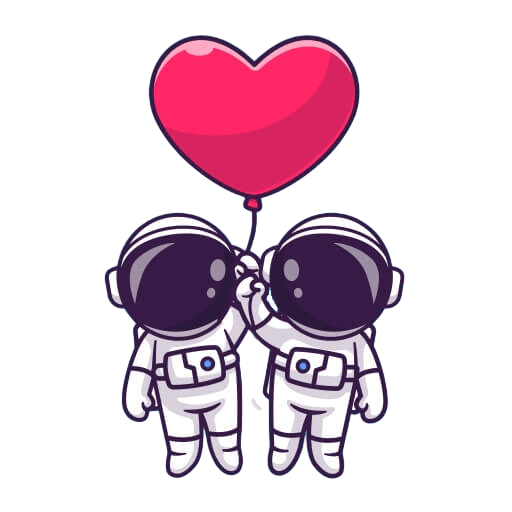 Zwei Cartoon-Astronauten halten sich an den Händen, einer hält einen großen roten herzförmigen Luftballon über sich. Der schlichte weiße Hintergrund erinnert an die verträumte Atmosphäre in romantischen Restaurants in Wien.