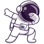 Cartoon-Astronaut in einem weißen Raumanzug und Helm, der eine tupfende Pose einnimmt. Perfekt für alle, die eine Geburtstagsparty mit einem lustigen Weltraumthema planen.