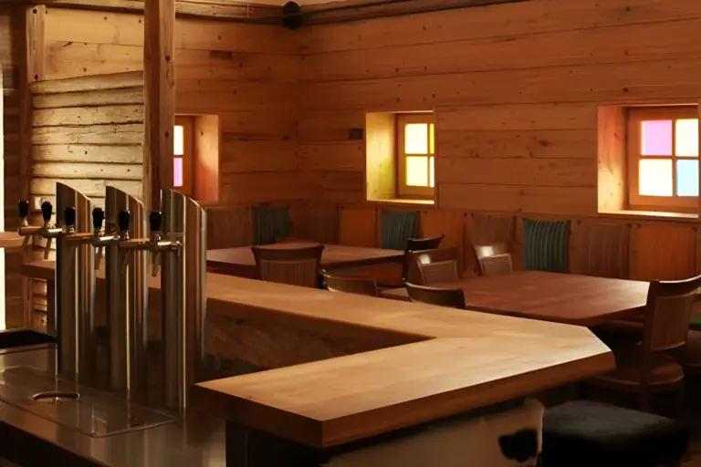 Ein gemütliches, leeres Café mit Holzwänden und -möbeln, bunten Fensterscheiben, einer Sitzecke mit gestreiften Kissen und einer Theke mit Bierzapfhähnen im Vordergrund. Die warme Beleuchtung schafft eine einladende Atmosphäre.