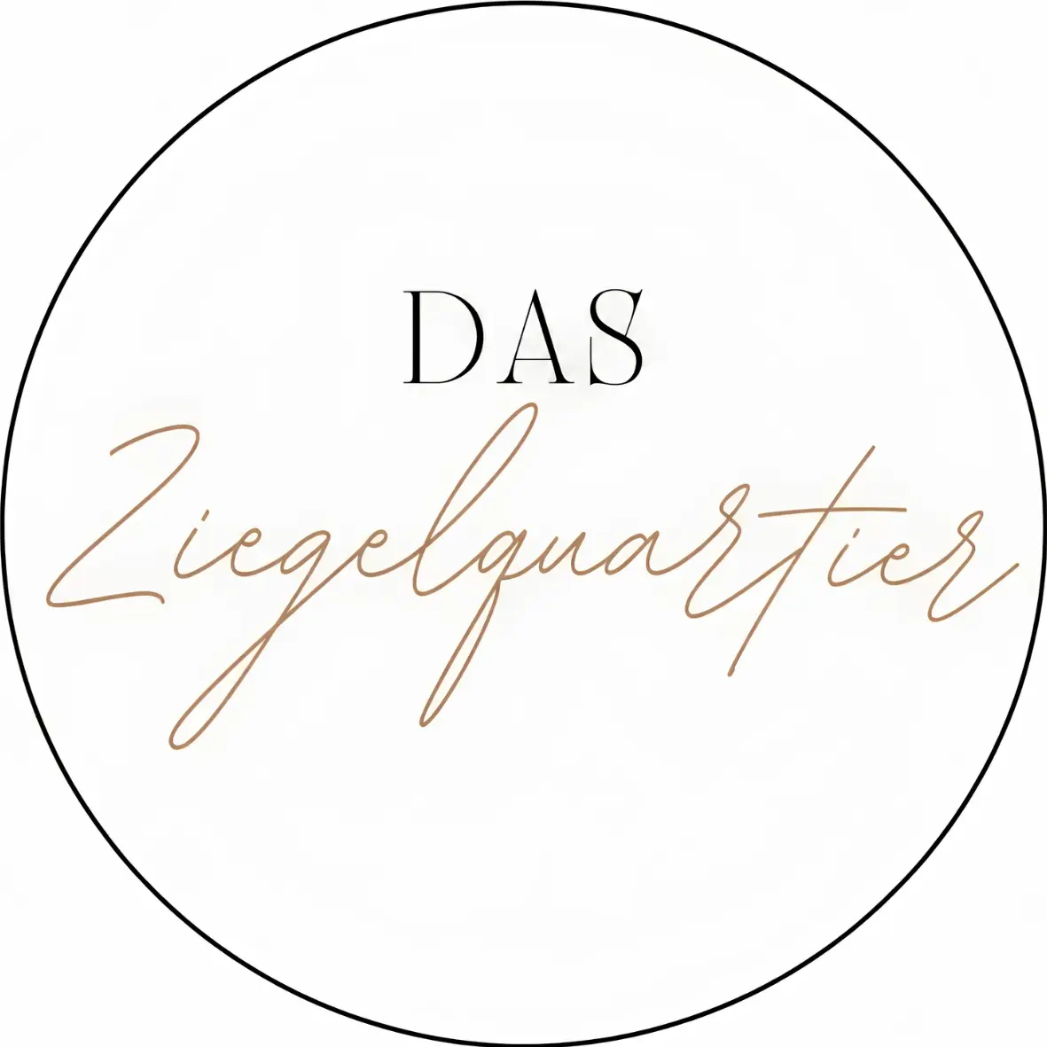Rundes Logo mit dem Schriftzug DAS in einer Serifenschrift über dem Wort Ziegelquartier in einer Schreibschrift.