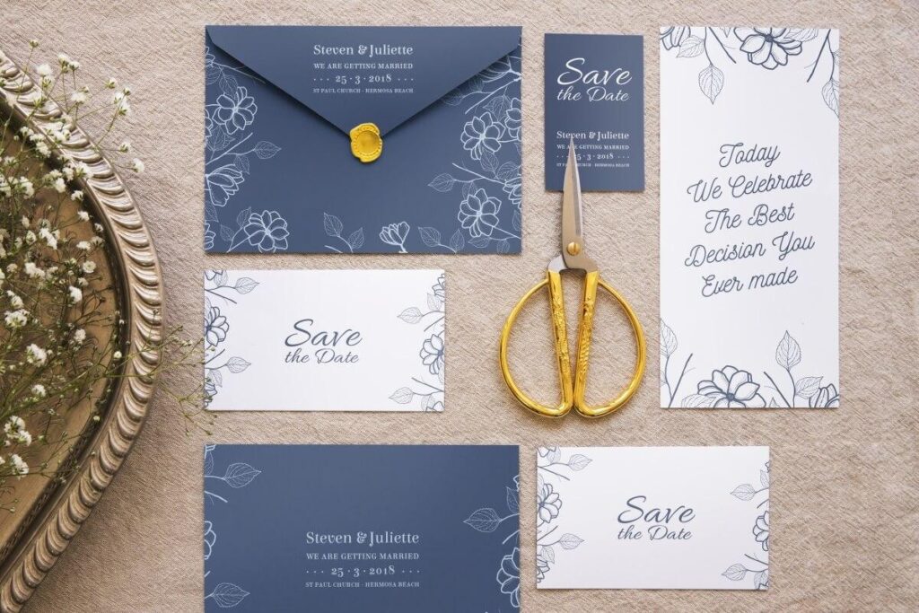 Blaue und weiße florale Hochzeitspapeterie, einschließlich Einladungen, Save-the-Date-Karten, einer Einladungskarte zum Geburtstag, einem Umschlag mit goldenem Wachssiegel, einer goldenen Schere und Atemblüten an der Seite.
