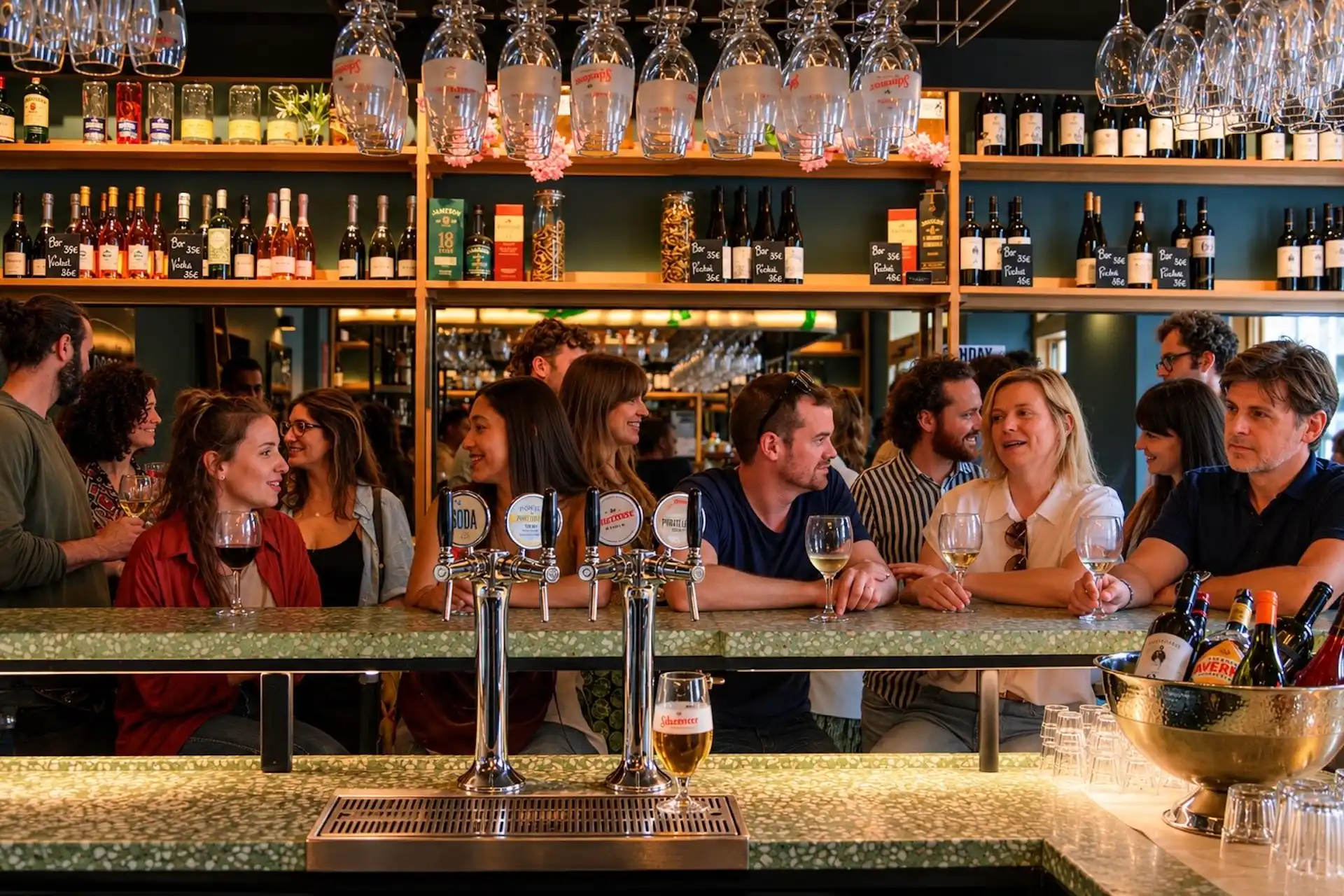 In einer lebhaften Bar sitzen die Gäste beisammen und unterhalten sich, mit Weingläsern und Getränken in der Hand. Reihen von Flaschen und hängende Gläser schmücken die Regale hinter der Theke und schaffen eine warme, gesellige Atmosphäre.