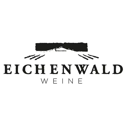Logo für Eichenwald Weine mit einem stilisierten schwarzen Pinselstrich über dem Namen EICHENWALD in fetten Buchstaben, darunter WEINE in kleineren Großbuchstaben.